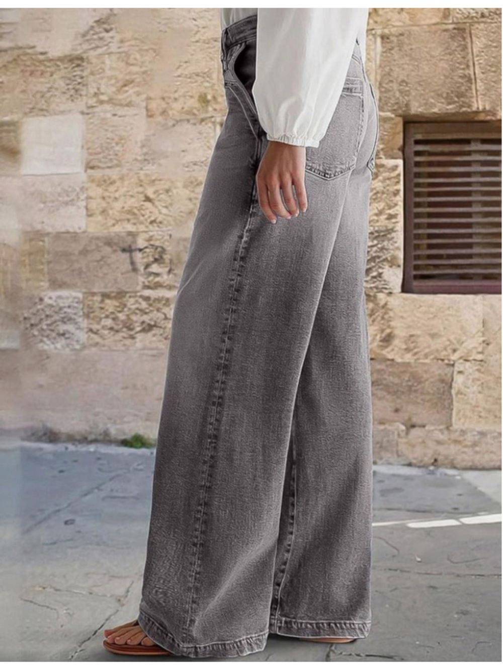 FLAMINGALS Women's Grey Wide Leg Jeans High Rise Button Fly Stretch Denim L - Picture 3 of 7